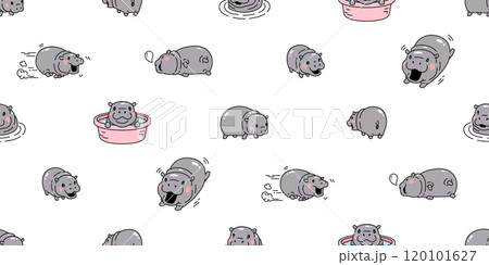 Baby Hippo seamless pattern pygmy hippo icon vector smiling hippopotamuses running swimming zoo sleeping pet animal cartoon character doodle tile background gift wrapping paper repeat wallpaper scarf  120101627