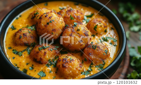 Traditional Indian Kadhi Pakora Dish for Food Blog or Restaurant Menu Generative AI 120101632