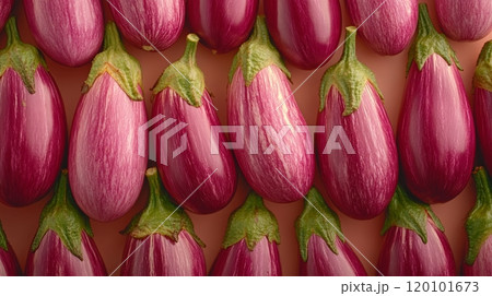 Fresh Purple Eggplants and Vegetables in a Vibrant High Angle Shot for Healthy Food or Grocery Store Display Generative AI 120101673