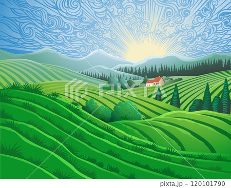 Fields Hills Farm House Landscape Background Fields Hills Farm House Landscape Background 120101790