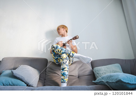 Ukulele player teen boy at home. Ukulele player teen boy at home. 120101844