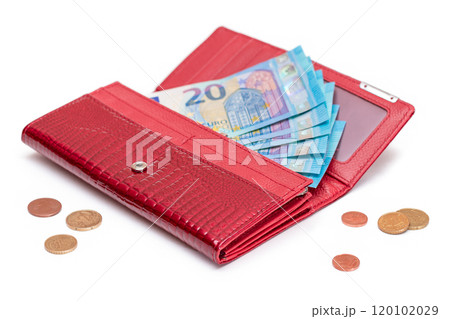 Opened Red Women Purse with 20 Euro Banknotes Inside and Scattered Euro Cent Coins 120102029