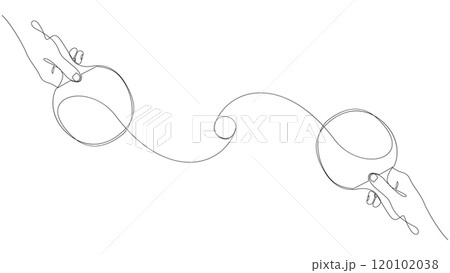 Ping pong concept. Table tennis rackets in human hands and ball drawn by one continuous line. Minimalist style sports illustration. Vector graphics. 120102038