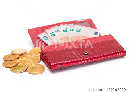 Opened Red Women Purse with 10 Euro Banknotes Inside and Bitcoin Coins - Isolated on White 120102039