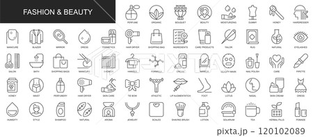 Fashion and beauty web icons set in thin line design. Pack of perfume, hairdresser, manicure, salon, athletics, lip augmentation, skin cream, other outline stroke pictograms. Illustration. 120102089