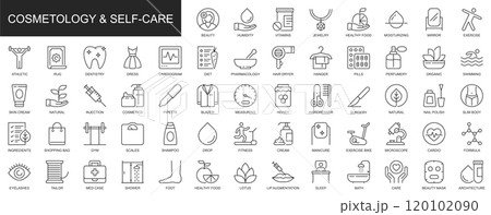 Cosmetology and self care web icons set in thin line design. Pack of beauty, vitamin, jewelry, healthy food, moisturizing, dentistry, fitness, other outline stroke pictograms. Illustration. 120102090