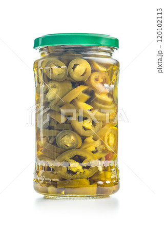 Pickled sliced jalapeno peppers isolated on white background. Pickled sliced jalapeno peppers isolated on white background. 120102113