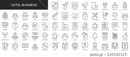 Hotel business web icons set in thin line design. Pack of elevator, bar, toilet, reception, luggage, restaurant, kitchen, bedroom, reserve, room, other outline stroke pictograms. Illustration. Hotel business web icons set in thin line design. Pack of elevator, bar, toilet, reception, luggage, restaurant, kitchen, bedroom, reserve, room, other outline stroke pictograms. Illustration. 120102125