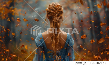 beautiful woman in a romantic dress, autumn outdoor 120102147