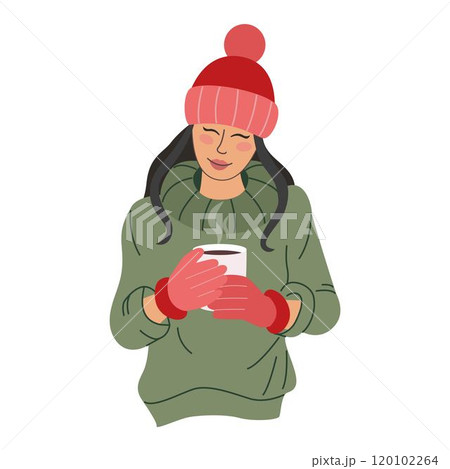 Beautiful woman in warm hat, knitted sweater and gloves warms up with hot drink 120102264