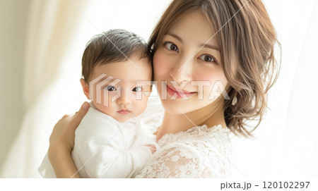 可愛い赤ちゃんと若いお母さんの記念撮影 120102297