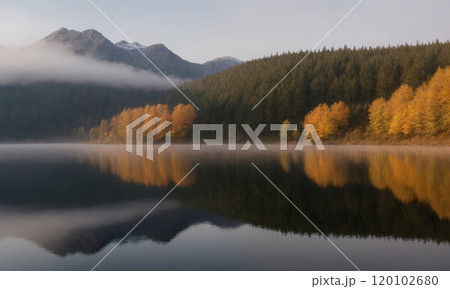 Fog in nature. A misty forest in autumn with a mix of evergreen and yellow-orange deciduous trees 120102680