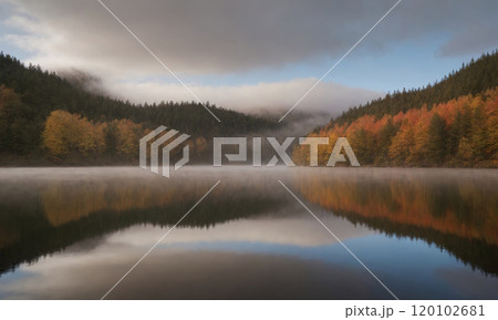 Fog in nature. A misty forest in autumn with a mix of evergreen and yellow-orange deciduous trees 120102681