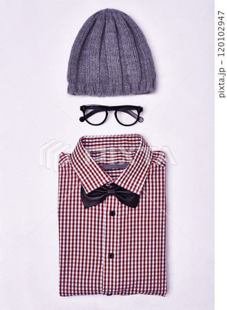 The invisible fashion line. High angle shot of a mans basic fashion essentials. 120102947