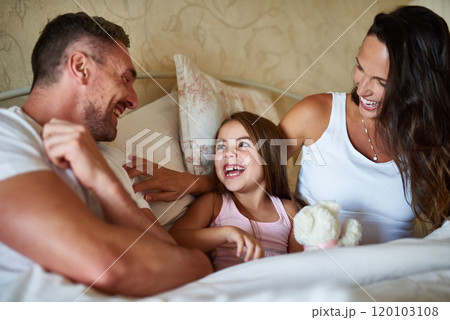 Family bonding. Shot of a family in the bedroom at home. 120103108