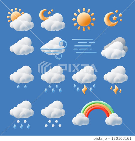 Cartoon 3d weather elements. Isolated forecast icons with rain, lightning thunderstorm, sun and clouds, rainbow and moon, cute render style isolated elements, plasticine objects, vector set 120103161