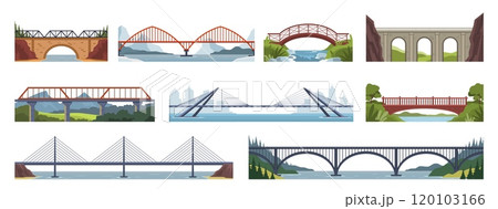Cartoon bridges. Urban and river crossover architecture, arched, hanging, cable stayed and rustic wooden constructions, road ferriage cartoon flat style isolated nowaday vector set Cartoon bridges. Urban and river crossover architecture, arched, hanging, cable stayed and rustic wooden constructions, road ferriage cartoon flat style isolated nowaday vector set 120103166