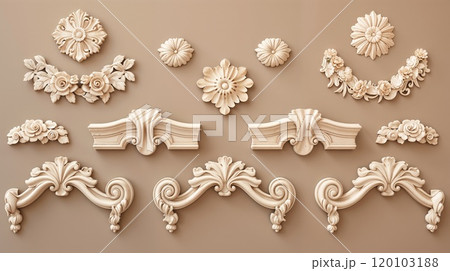 Ornate Classical Bas-Relief. A stunning array of bas-relief elements showcasing baroque style with detailed floral and scrollwork designs. 120103188