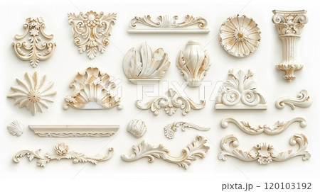 Ornate Classical Bas-Relief. A stunning array of bas-relief elements showcasing baroque style with detailed floral and scrollwork designs. 120103192