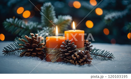 Christmas scene with a lit candle in a decorative holder 120103195
