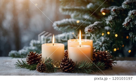 Christmas scene with a lit candle in a decorative holder 120103197