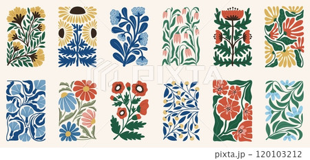 Modern flowers. Decorative contemporary plants, Matisse style botanical elements, abstract shapes, trendy composition, covers or prints ornament design, daisy and tulip tidy vector isolated set Modern flowers. Decorative contemporary plants, Matisse style botanical elements, abstract shapes, trendy composition, covers or prints ornament design, daisy and tulip tidy vector isolated set 120103212