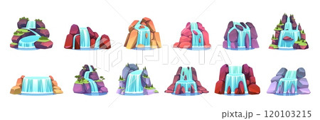 Picturesque mountain waterfalls. Cartoon nature corners, water pouring from rocks, cascading blue streams, different landscape design elements. Jungle paradise environment, tidy vector set 120103215
