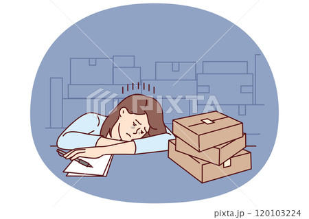 Upset girl near cardboard boxes works in warehouse or logistics company and falls asleep Upset girl near cardboard boxes works in warehouse or logistics company and falls asleep 120103224