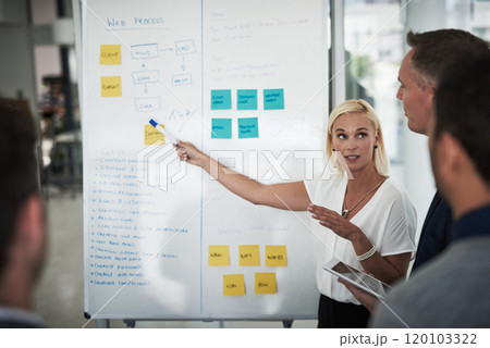 This is where our first move will be. Shot of a young businesswoman explaining work related stuff during a presentation to work colleagues in a boardroom. 120103322