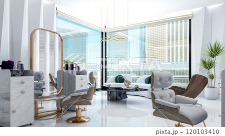 Modern Luxury Beauty Salon Interior with Marble and Gold Accents, 3D Rendering Modern Luxury Beauty Salon Interior with Marble and Gold Accents, 3D Rendering 120103410