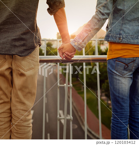 City love. Rearview shot of a couple standing together on a city bridge and looking at the view. 120103412