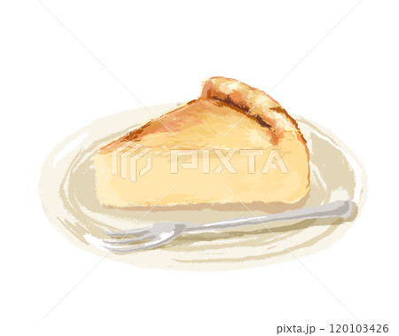 お皿に乗った手描きのベイクドチーズケーキ(フォーク付き) お皿に乗った手描きのベイクドチーズケーキ(フォーク付き) 120103426