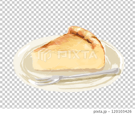 お皿に乗った手描きのベイクドチーズケーキ(フォーク付き) お皿に乗った手描きのベイクドチーズケーキ(フォーク付き) 120103426