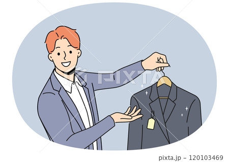 Man holds new jacket with tag offering to buy business clothes for managers or clerks Man holds new jacket with tag offering to buy business clothes for managers or clerks 120103469