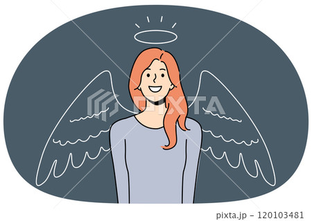 Woman with halo and angel wings smiles, calling to be kind and merciful towards others Woman with halo and angel wings smiles, calling to be kind and merciful towards others 120103481