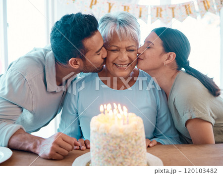 Man, woman and senior parent with birthday party, kiss and cake for love and celebration. Home, family and event with milestone, support and gratitude for retirement and holiday bonding with son 120103482
