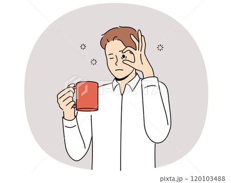 Sleepy man with mug of coffee, opens eyes with hand and needs to rest due to lack of energy 120103488