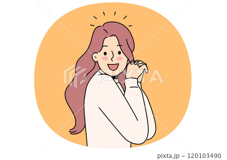 Laughing woman raises hands and looks at screen, enjoying meeting you or glad to receive good news 120103490