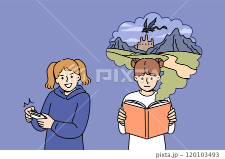 Children hobbies for teen girls, reading book or playing video console in free time 120103493