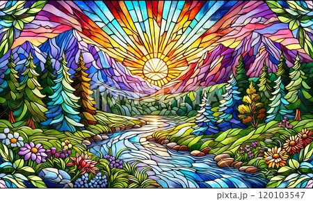 ステンドグラス風の山と川の風景が広がる美しい自然 ステンドグラス風の山と川の風景が広がる美しい自然 120103547