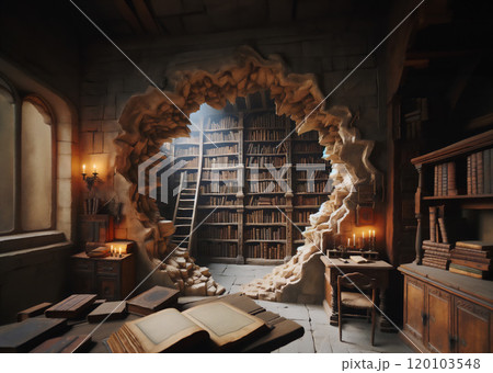 秘密の図書室への石壁の通路と古い本棚 120103548