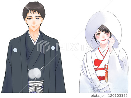 和装で結婚式をする男女二人のイラスト 120103553