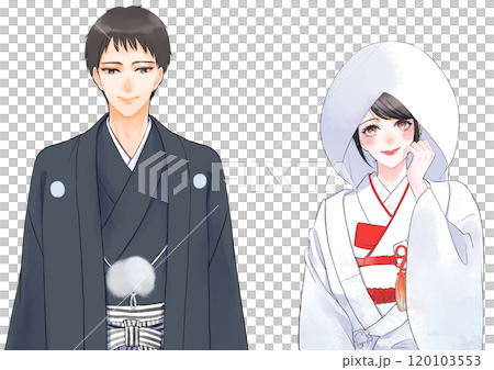 和装で結婚式をする男女二人のイラスト 120103553
