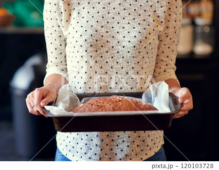 Straight from the oven. Cropped shot of a woman holding a freshly baked bread loaf in a pan. Straight from the oven. Cropped shot of a woman holding a freshly baked bread loaf in a pan. 120103728