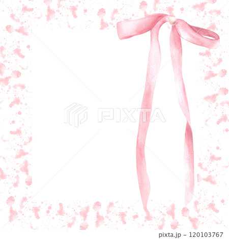 Pink bow on watercolor spot, stain rose coloured background. Rosa hair ribbon, Girl coquette style square frame, template for label, invitation, greeting card Hand drawn illustration. Isolated clipart 120103767