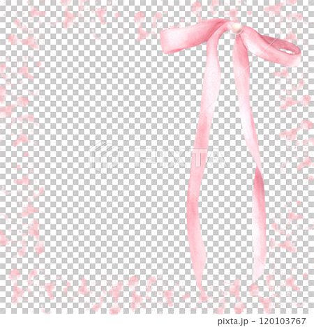 Pink bow on watercolor spot, stain rose coloured background. Rosa hair ribbon, Girl coquette style square frame, template for label, invitation, greeting card Hand drawn illustration. Isolated clipart 120103767