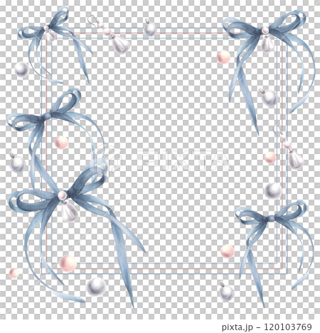 Watercolor blue bows, ribbons with pearl earrings. Square frame. Blue, pink and grey coquette style template. Trendy girly fancy product label, card. Hand drawn illustration isolated from background 120103769