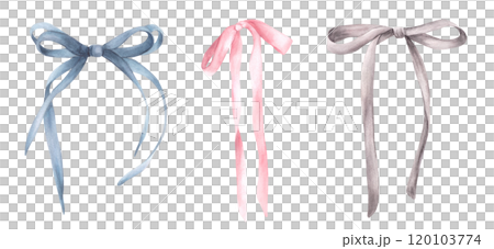 Watercolor bows and ribbons set. Girly romantic design, coquette style, girls cute hair pink, blue and grey accessories. Birthday, Valentines day hand drawn illustration Clipart Isolated from 120103774