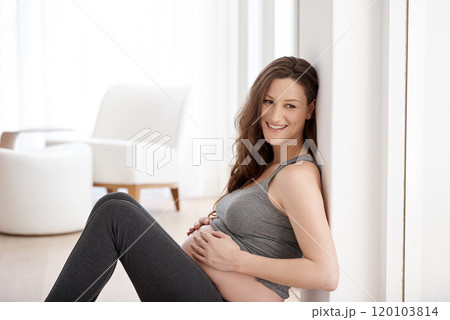 Beautifully pregnant. Cropped shot of a young pregnant woman sitting in her home. 120103814