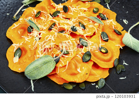 Fresh pumpkin ravioli, macro. 120103931
